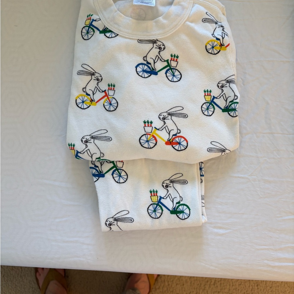 Hanna Andersson White Pajamas with Colorful Bicycle Bunny Print